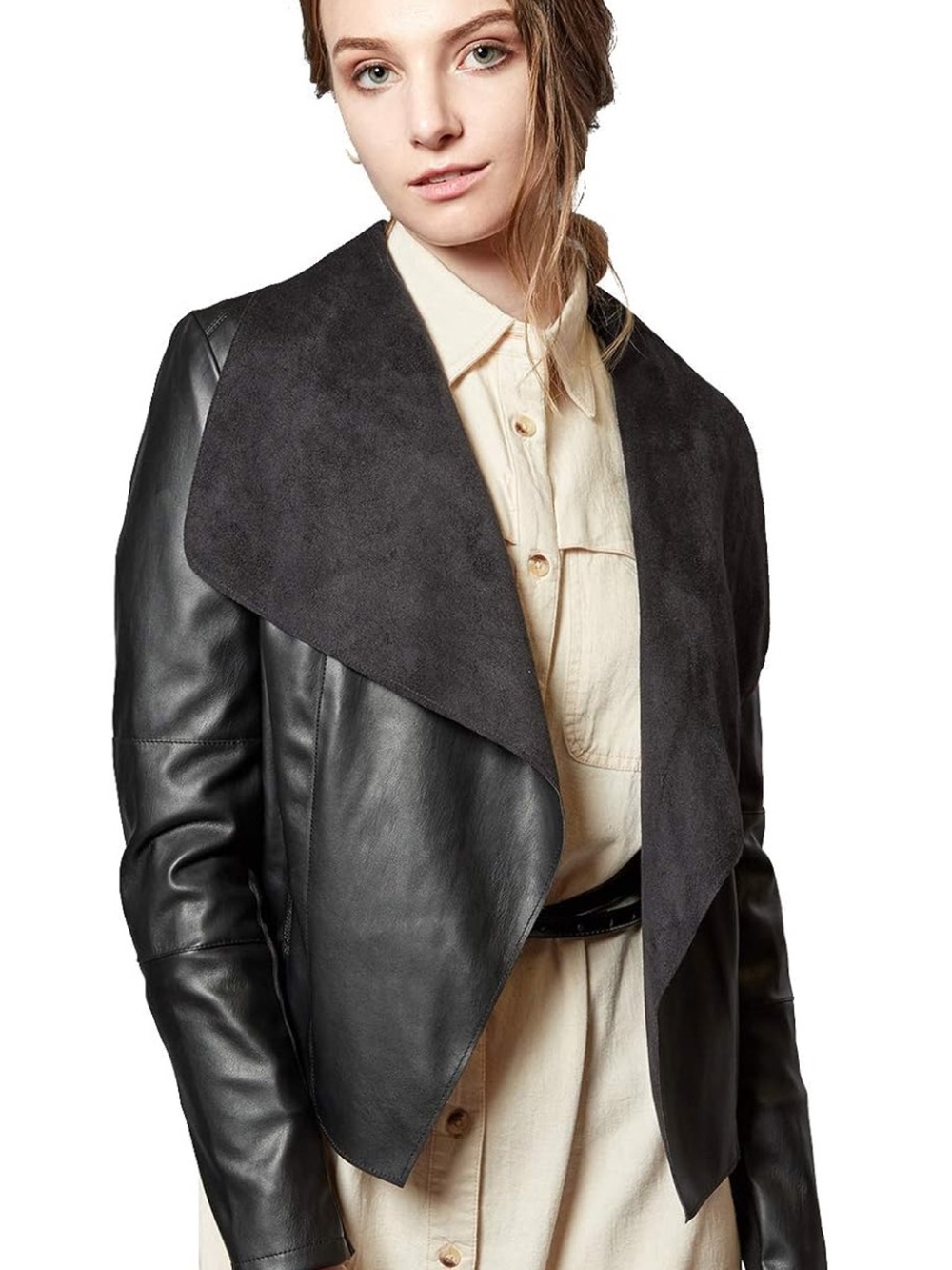 Black Draped Faux Leather Jacket with Suede Collar - Women